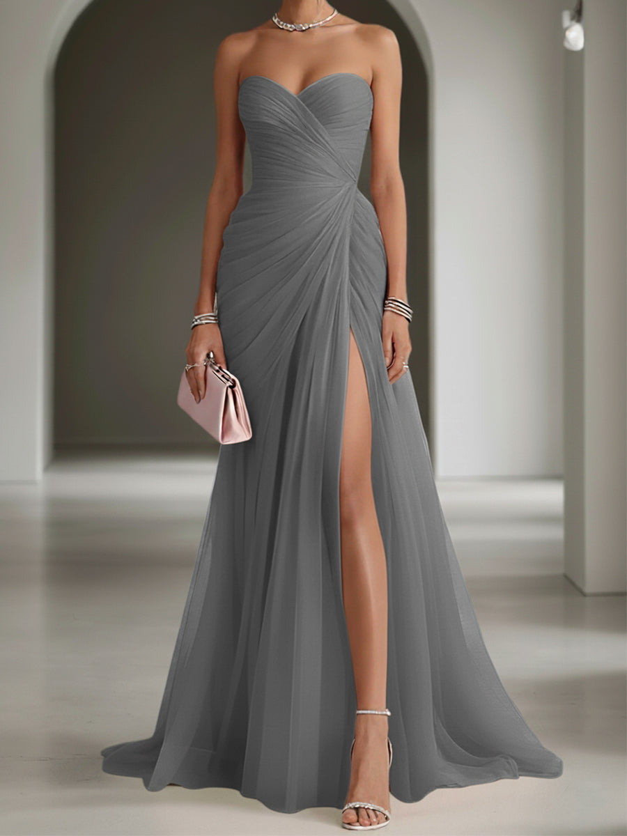 Pink Ruched Slit Tulle Strapless Sleeveless Sheath Gown Dress