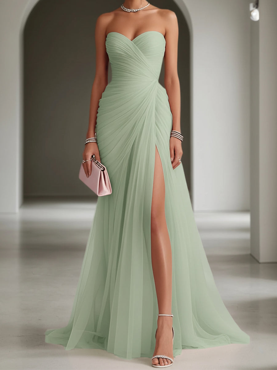 Pink Ruched Slit Tulle Strapless Sleeveless Sheath Gown Dress