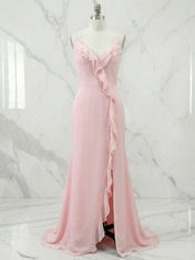 Pink Ruffled V-Neck Prom Dresses with High Slit