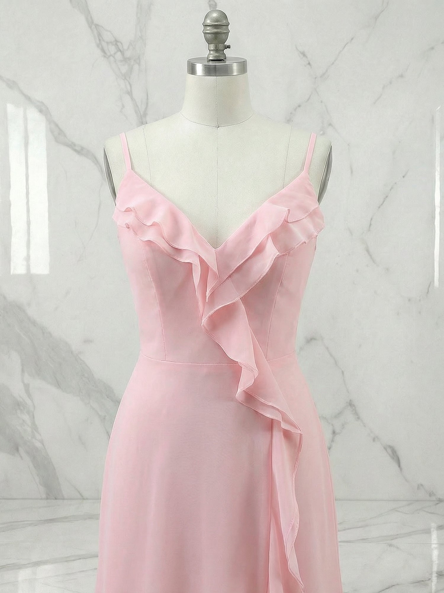 Pink Ruffled V-Neck Prom Dresses with High Slit