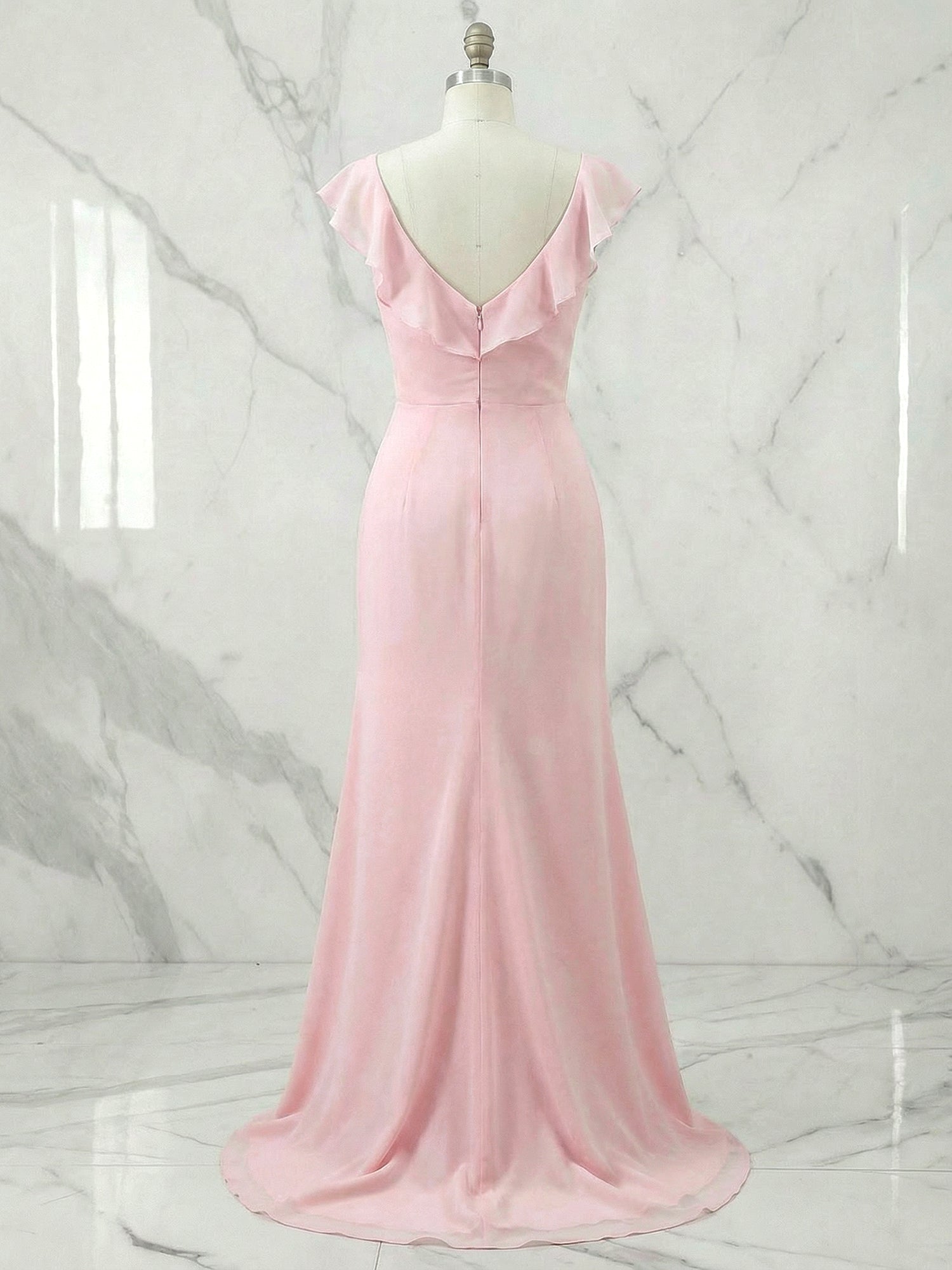 Pink Ruffled V-Neck Prom Dresses with High Slit