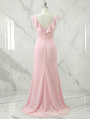 Pink Ruffled V-Neck Prom Dresses with High Slit