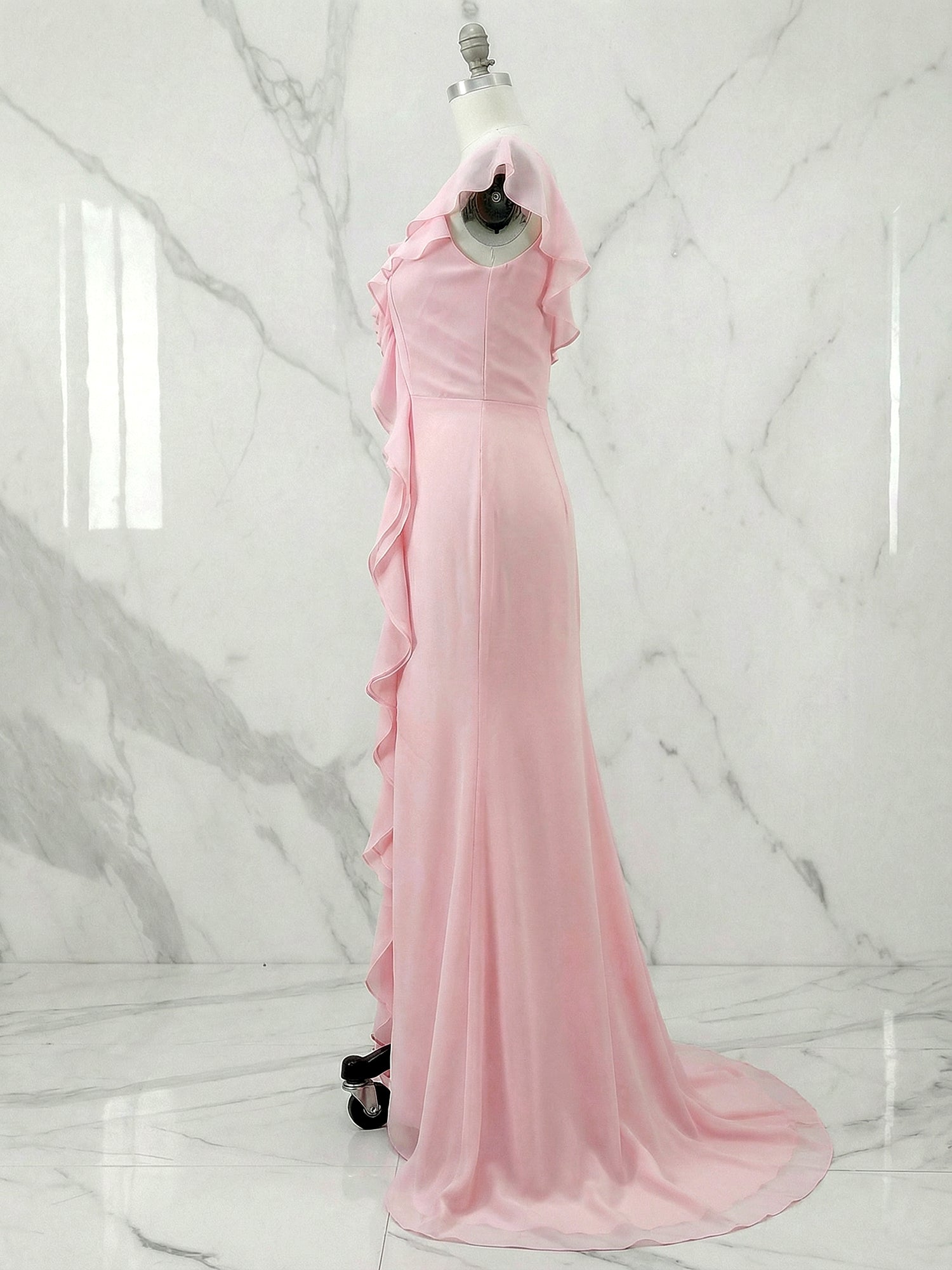Pink Ruffled V-Neck Prom Dresses with High Slit