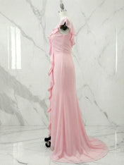 Pink Ruffled V-Neck Prom Dresses with High Slit