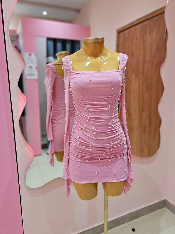 Pink Sheath Tulle Pleated Tight Homecoming Dress with Pearls