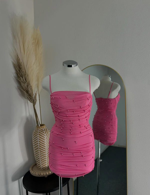 Pink Spaghetti Strap Short Homecoming Party Dress with Pearls