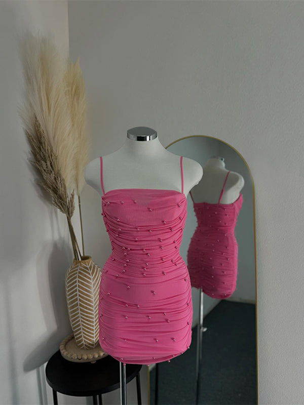Pink Spaghetti Strap Short Homecoming Party Dress with Pearls