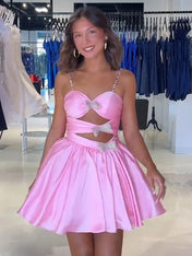 Pink Spaghetti Straps A-Line Satin Cut-out Homecoming Dress with Bow