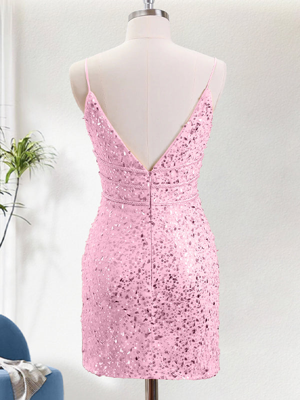 Pink Spaghetti Straps Beaded Bodycon Sequin Homecoming Dress