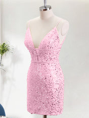 Pink Spaghetti Straps Beaded Bodycon Sequin Homecoming Dress