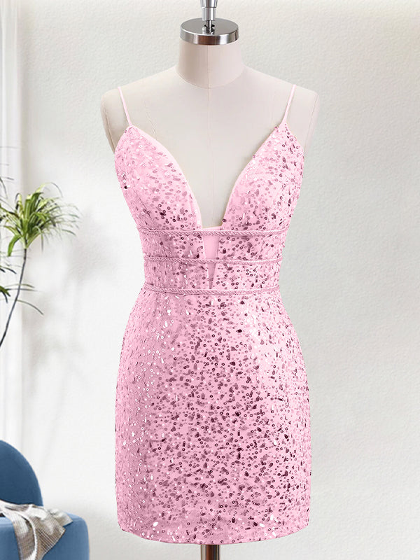 Pink Spaghetti Straps Beaded Bodycon Sequin Homecoming Dress