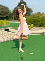 Pink Spaghetti Straps Lace Appliques Ruffle Short Homecoming Dress