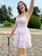 Pink Spaghetti Straps Lace Appliques Ruffle Short Homecoming Dress