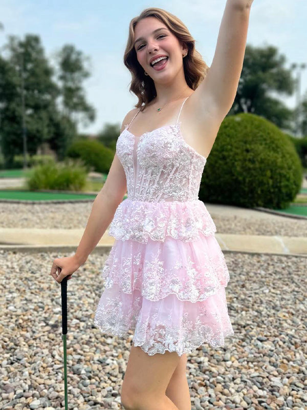 Pink Spaghetti Straps Lace Appliques Ruffle Short Homecoming Dress