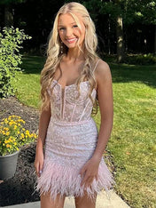 Pink Spaghetti Straps V Neck Lace Homecoming Dress with Feather