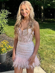 Pink Spaghetti Straps V Neck Lace Homecoming Dress with Feather