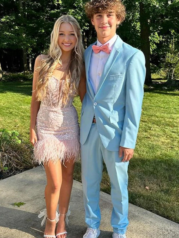 Pink Spaghetti Straps V Neck Lace Homecoming Dress with Feather