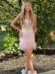 Pink Spaghetti Straps V Neck Lace Homecoming Dress with Feather