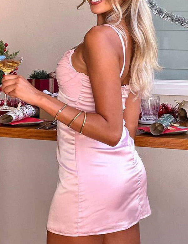 Pink Spaghetti Straps V Neck Pleated Homecoming Dress