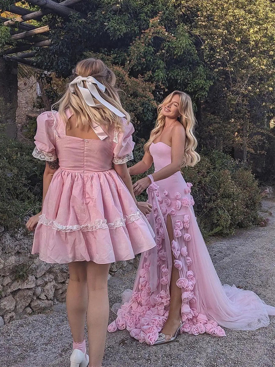Pink Strapless 3D Rosette Long Prom Dress with Slit