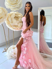 Pink Strapless 3D Rosette Long Prom Dress with Slit