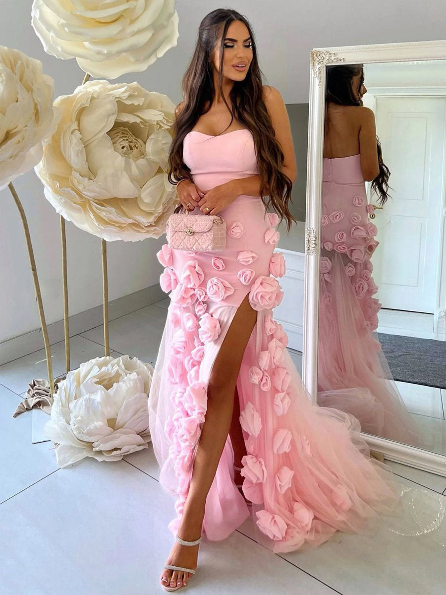 Pink Strapless 3D Rosette Long Prom Dress with Slit