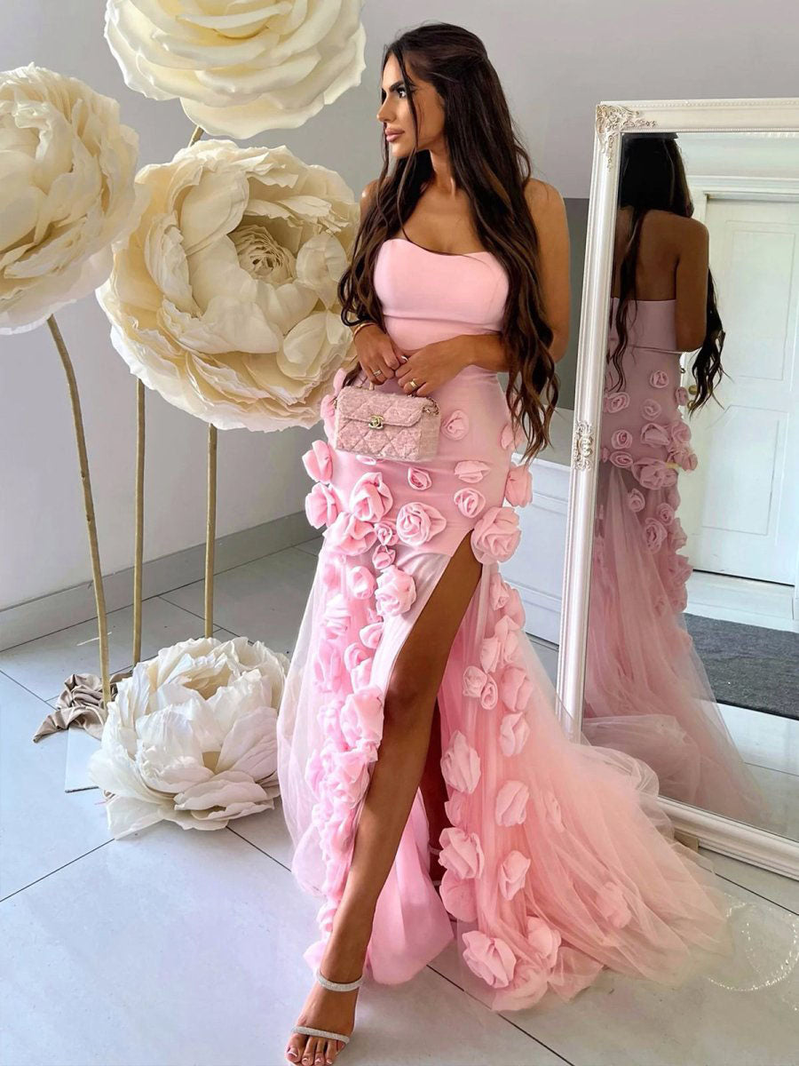 Pink Strapless 3D Rosette Long Prom Dress with Slit
