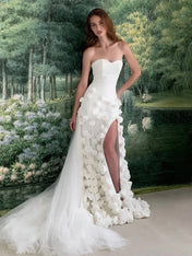 Pink Strapless 3D Rosette Long Prom Dress with Slit