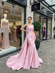 Pink A Line Satin Strapless Prom Dress with 3D Floral Appliques