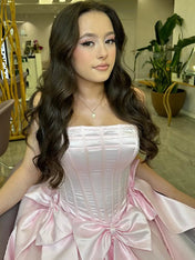 Pink Strapless A-Line Empire-Waist with Bows Pleated Short Homecoming Dress