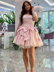 Pink Strapless A-Line Empire-Waist with Bows Pleated Short Homecoming Dress
