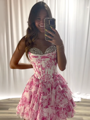 Pink Strapless A-Line Sweetheart Empire Beaded Floral Homecoming Dress