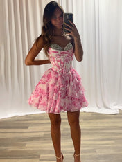 Pink Strapless A-Line Sweetheart Empire Beaded Floral Homecoming Dress
