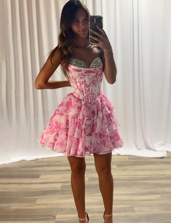 Pink Strapless A-Line Sweetheart Empire Beaded Floral Homecoming Dress