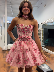 Pink Strapless A Line Corset Short Homecoming Dress with Ruffles
