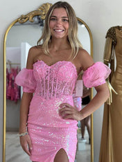 Pink Strapless Applique Bodycon Homecoming Dress wiith Sleeves