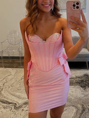 Pink Strapless Corset Sheath Homecoming Dress with Bow