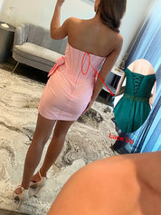 Pink Strapless Corset Sheath Homecoming Dress with Bow