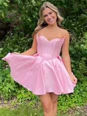 Pink Strapless Corset Sheath Homecoming Dress with Bow
