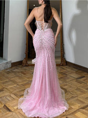 Pink Strapless Crystal Corset Long Prom Dress with High Slit