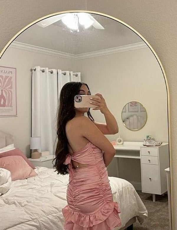 Pink Strapless Ruched Bow Back Homecoming Dress with Ruffle