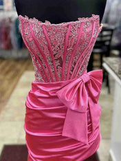 Pink Strapless Ruched Tight Short Homecoming Dress with Bow