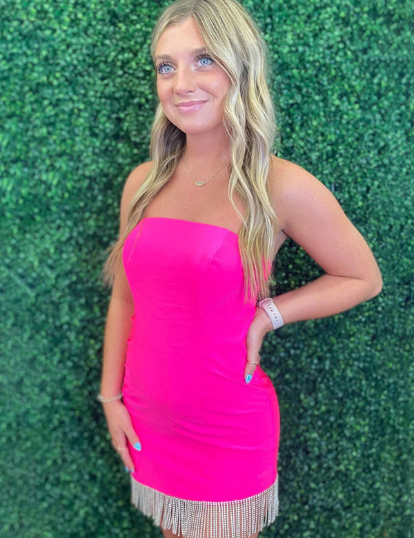 Pink Strapless Tight Short Homecoming Dress with Tassel