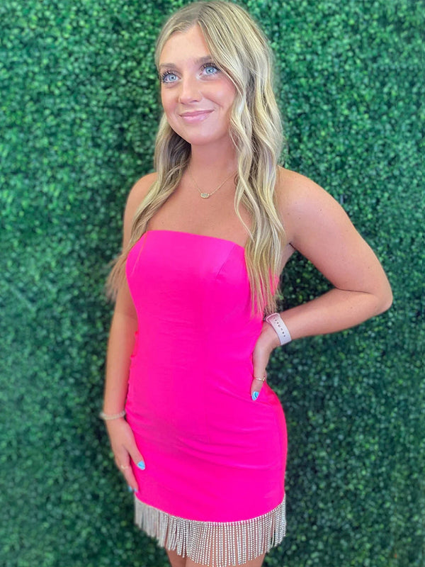 Pink Strapless Tight Short Homecoming Dress with Tassel