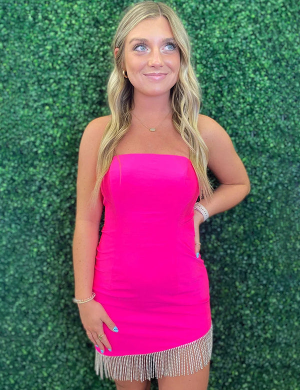 Pink Strapless Tight Short Homecoming Dress with Tassel