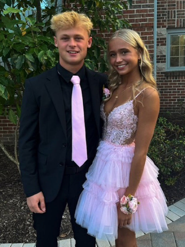 Pink Straps Appliques Tiered Ruffle Short Homecoming Party Dress