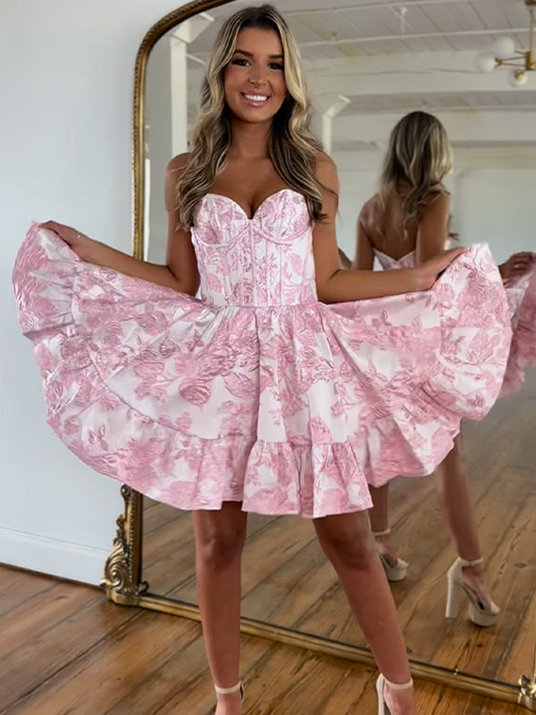 Pink Sweetheart A-Line Short Floral Print Homecoming Dress