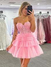 Pink Sweetheart A-Line Short Tulle Homecoming Dress