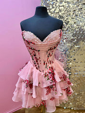 Pink Sweetheart Strapless A-Line Tiered Homecoming Dress