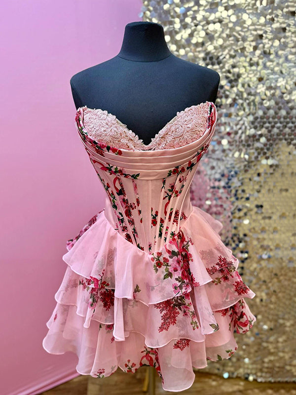 Pink Sweetheart Strapless A-Line Appliquues Tiered Homecoming Dress